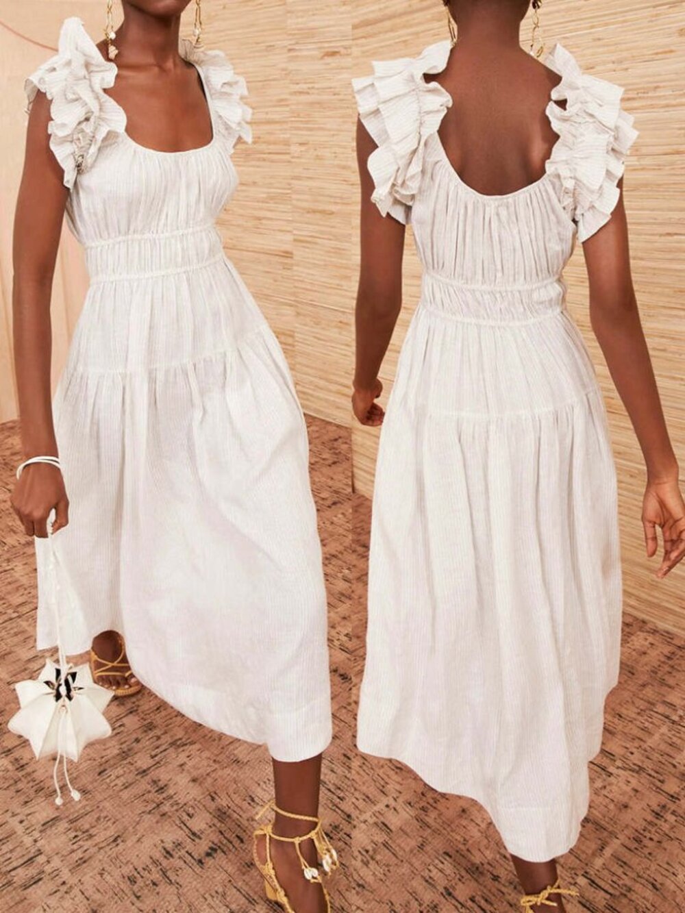 Ulla Johnson Rissa Dress Sand 100% Linen Striped Ruffle Midi Dress Size 6 $525